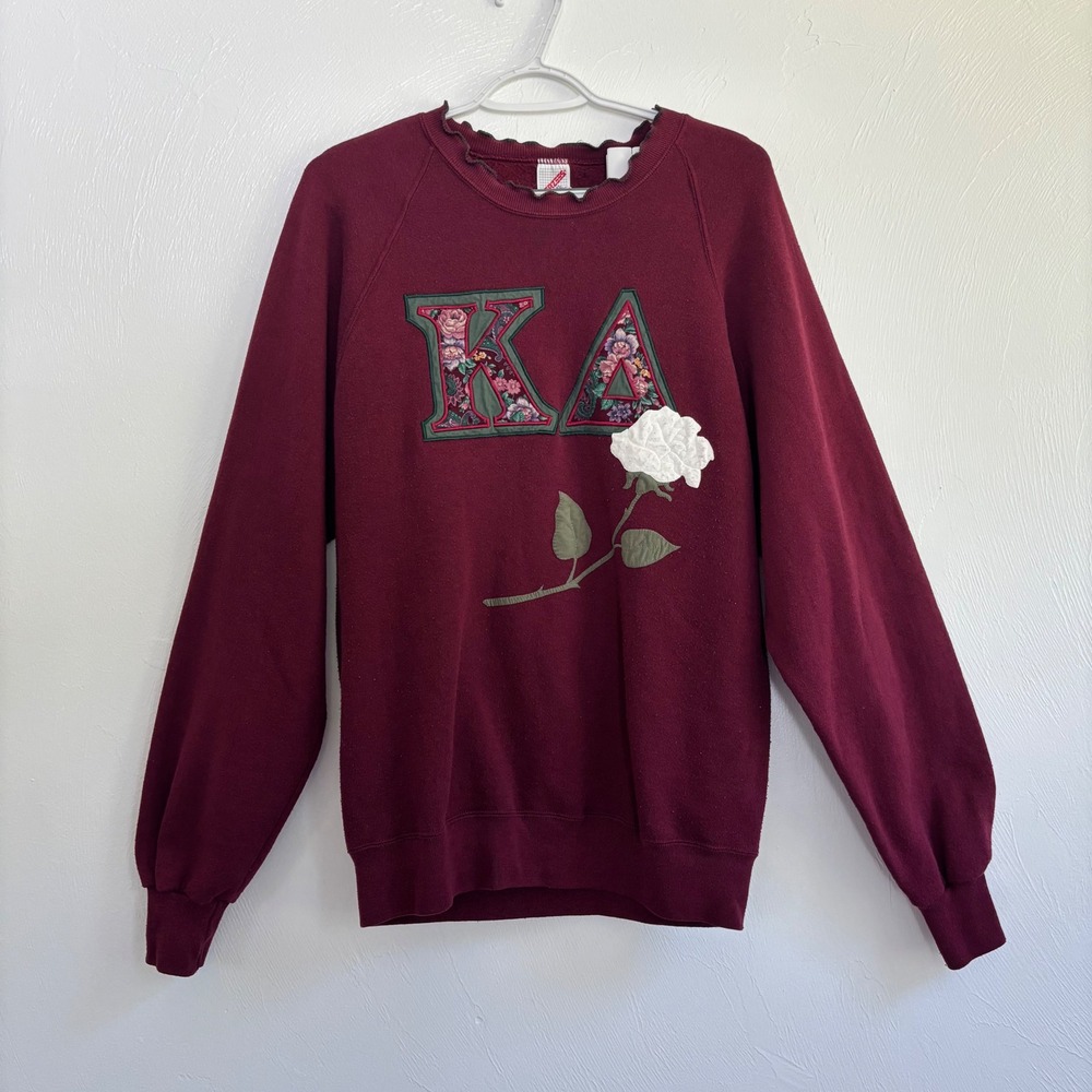 VTG Jerzees KA Sorority Sweatshirt XL Maroon Floral Letter Applique Crewneck 90s